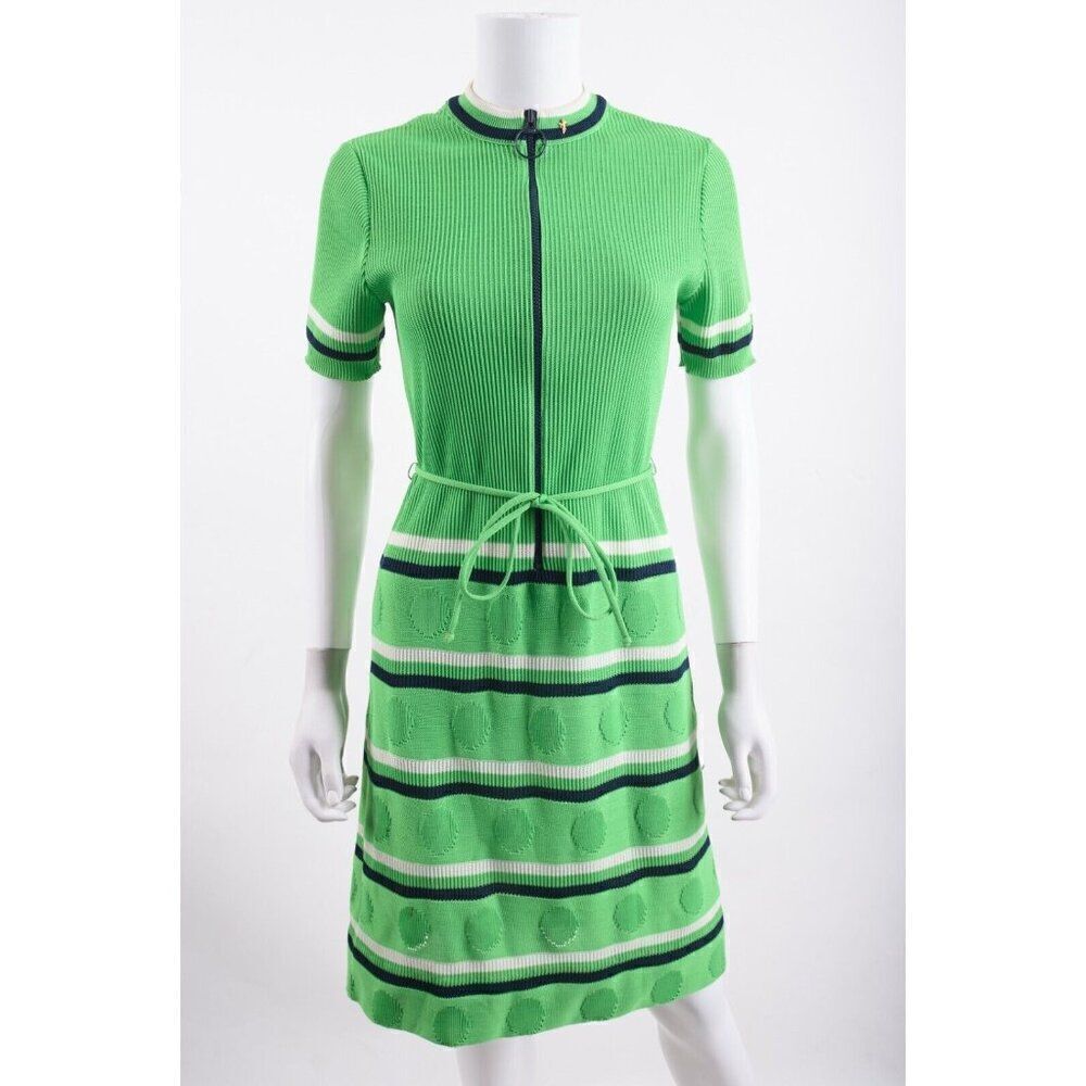 James Kenrob By Dalton Womens Knit Ribbed Dress Sz 8 Green Navy Blue Polka dot